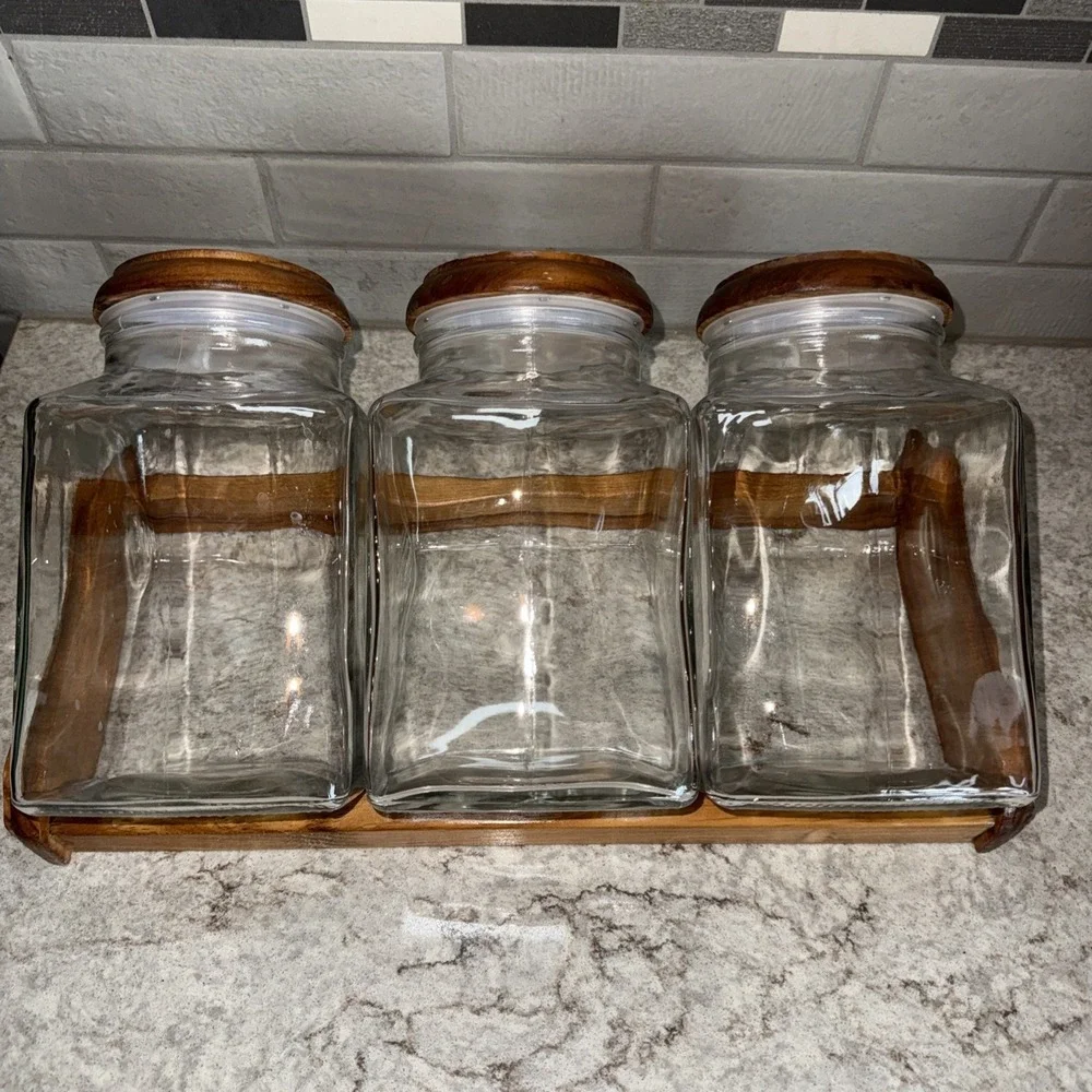 Vtg Glass 3 Canister Set Blue Heart Wood Top Counter Rack Farmhouse Kitchen